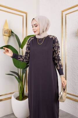 Leopar Desenli Antrasit Gri Merserize Elbise - 2