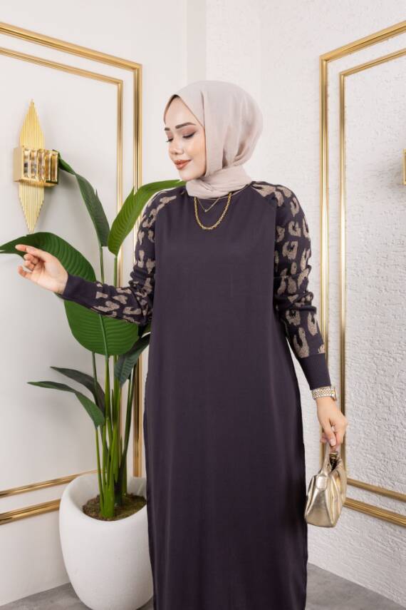 Leopar Desenli Antrasit Gri Merserize Elbise - 2
