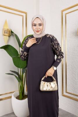 Leopar Desenli Antrasit Gri Merserize Elbise - 3
