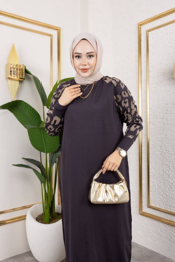 Leopar Desenli Antrasit Gri Merserize Elbise - 3