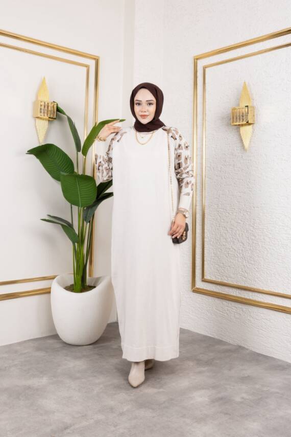 Leopar Desenli Bej Merserize Elbise - 1
