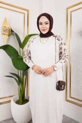 Leopar Desenli Bej Merserize Elbise - 2