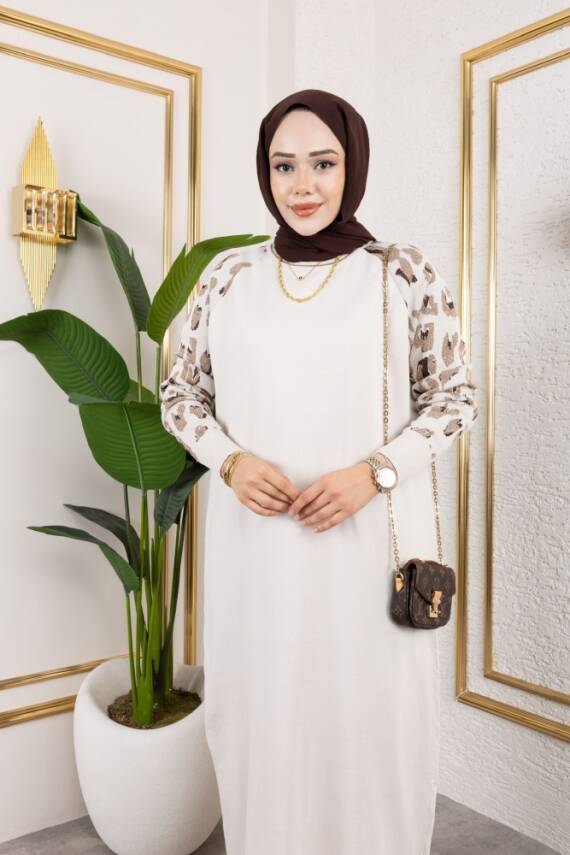 Leopar Desenli Bej Merserize Elbise - 2