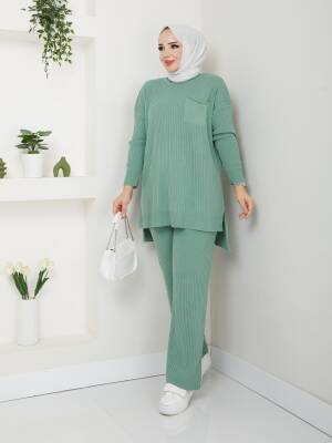 Mint Yeşili Fitil Cep Detaylı Triko Pantolonlu İkili Takım
