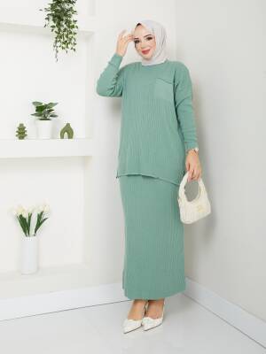Mint Yeşili Örme Triko Cep Detaylı İkili Takım