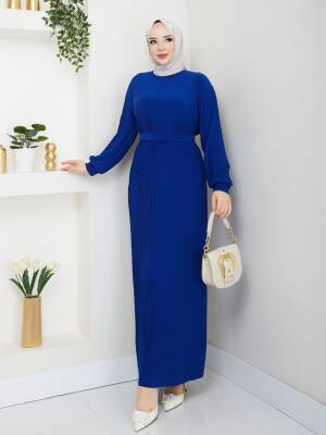 Saks Mavi Sandy Kumaş Kemerli Piliseli Elbise