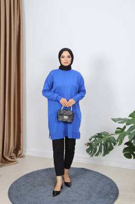 Saks Mavisi Yırtmaçlı Merserize Tunik