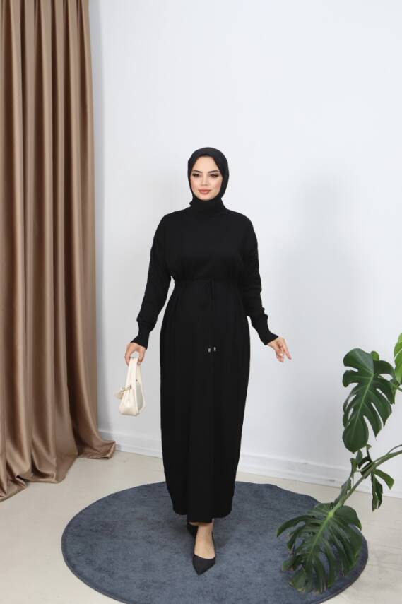 Siyah Bağcıklı Merserize Elbise - 1