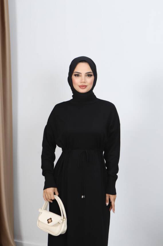 Siyah Bağcıklı Merserize Elbise - 2