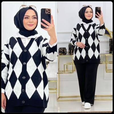 Siyah Beyaz Baklava Desen Triko İkili Takım