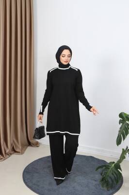 Siyah Çift Renkli Merserize Pantolonlu Takım