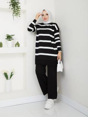 Siyah Çizgili Triko Pantolonlu İkili Takım 