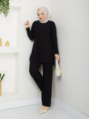 Siyah Düz Sandy Pantolonlu İkili Takım