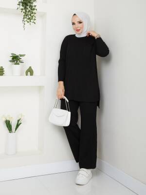 Siyah Fitil Cep Detaylı Triko Pantolonlu İkili Takım