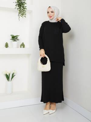 Siyah Örme Triko Cep Detaylı İkili Takım