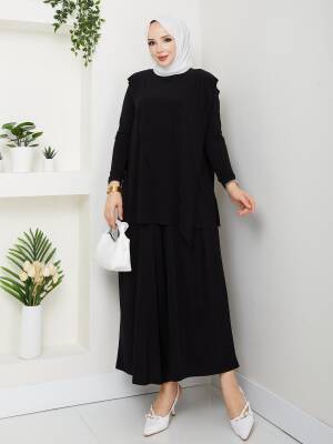 Siyah Sandy Kumaş Çapraz Pantolonlu Takım