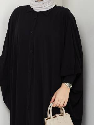 Siyah Sandy Kumaş Düğmeli Ferace