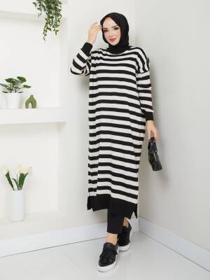 Siyah Vizon Çizgili Triko Tunik