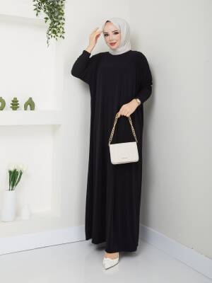 Siyah Yarasa Kol Düz Sandy Elbise