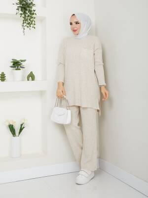 Taş Fitil Cep Detaylı Triko Pantolonlu İkili Takım