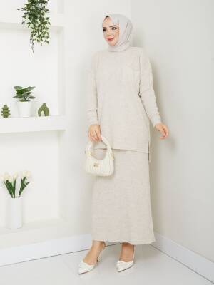 Taş Örme Triko Cep Detaylı İkili Takım