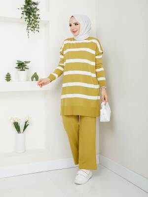 Yağ Yeşili Çizgili Triko Pantolonlu İkili Takım 