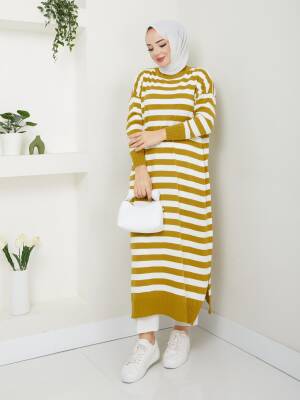 Yağ Yeşili Çizgili Triko Tunik