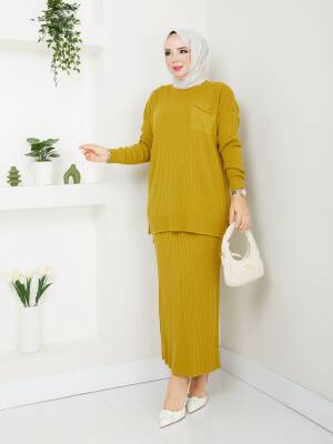 Yağ Yeşili Örme Triko Cep Detaylı İkili Takım