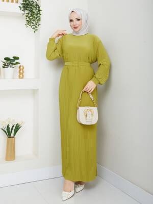 Yağ Yeşili Sandy Kumaş Kemerli Piliseli Elbise