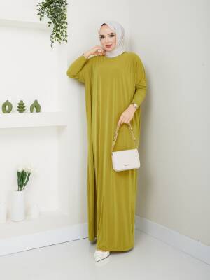 Yağ Yeşili Yarasa Kol Düz Sandy Elbise