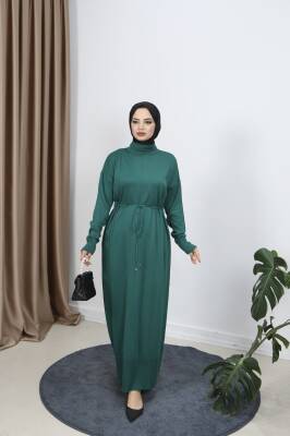 Zümrüt Yeşili Bağcıklı Merserize Elbise