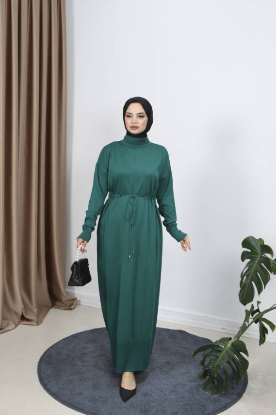 Zümrüt Yeşili Bağcıklı Merserize Elbise - 1
