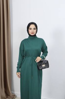Zümrüt Yeşili Bağcıklı Merserize Elbise - 2