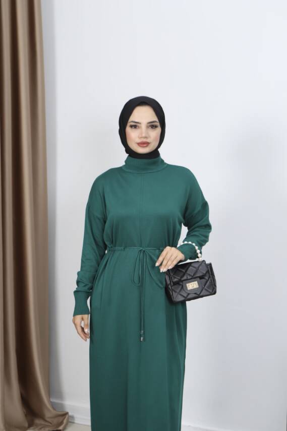 Zümrüt Yeşili Bağcıklı Merserize Elbise - 2