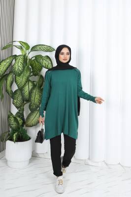 Zümrüt Yeşili Düğme Detaylı Merserize Triko Tunik  