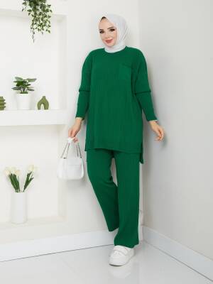 Zümrüt Yeşili Fitil Cep Detaylı Triko Pantolonlu İkili Takım
