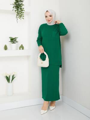 Zümrüt Yeşili Örme Triko Cep Detaylı İkili Takım