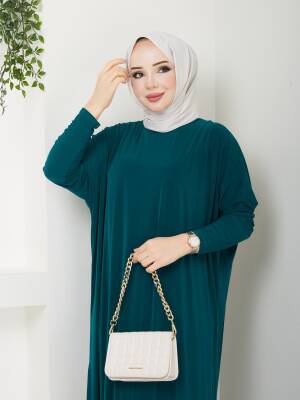 Zümrüt Yeşili Yarasa Kol Düz Sandy Elbise